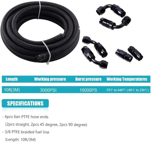 10FT 6 AN PTFE Fuel Line Kit, E85 Nylon Braided Fuel Hose 3/8" Nylon Stainless Steel Braided PTFE E85 Tube Fuel Line Fittings Kit with 6PCS Swivel Fuel Hose Fitting Adapters in Saudi Arabia