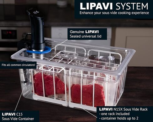 LIPAVI Sous Vide System Model NXC15-UNIR - with C15 Container, N15X Rack and an Universal lid - fits virtually any sous vide machine up to 2.755 inches (70mm) in diameter in Kuwait