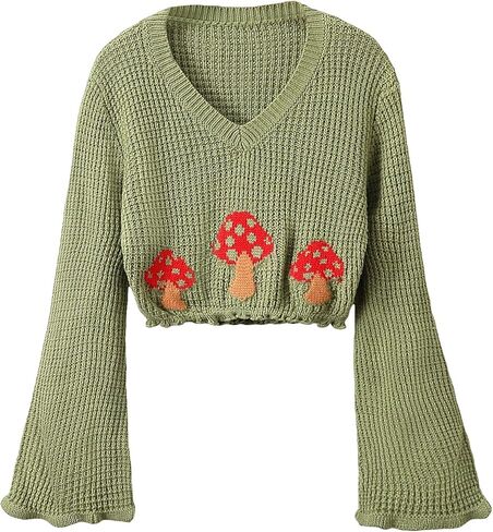 COZYEASE Girl's Graphic Print Sweaters Bell Long Sleeve V Neck Crop Sweater Top Casual Cute Knitted Pullover in Saudi Arabia