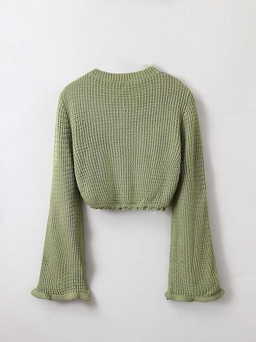 COZYEASE Girl's Graphic Print Sweaters Bell Long Sleeve V Neck Crop Sweater Top Casual Cute Knitted Pullover in Saudi Arabia