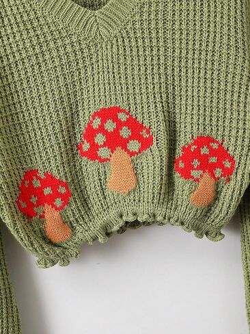 COZYEASE Girl's Graphic Print Sweaters Bell Long Sleeve V Neck Crop Sweater Top Casual Cute Knitted Pullover in Saudi Arabia