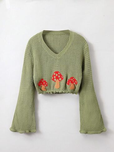 COZYEASE Girl's Graphic Print Sweaters Bell Long Sleeve V Neck Crop Sweater Top Casual Cute Knitted Pullover in Saudi Arabia