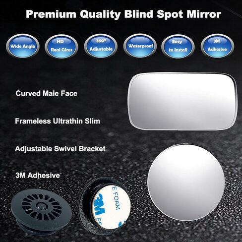 مرآة النقطة العمياء من KITBEST، مرآة رؤية خلفية محدبة بدون إطار زجاجية مستطيلة/دائرية عالية الدقة مقاس 2 بوصة، مرآة خارجية بزاوية عريضة جانبية للسيارة للحصول على صورة أكبر وتحسين السلامة المرورية، حزمة من 4 in Kuwait
