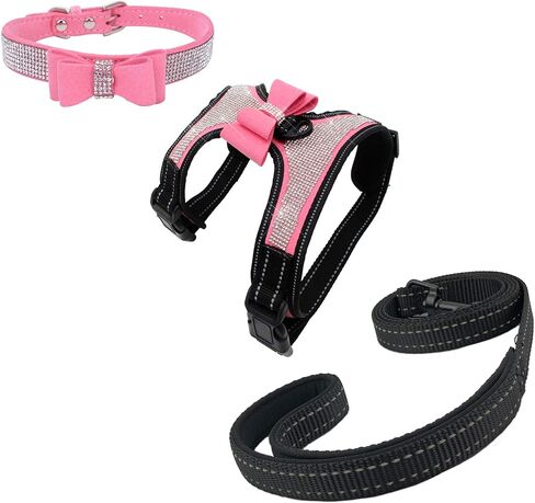 3pcs Bow Ties Bling Cute Dog Harness and Dog Collar with Lead for Dog - Black - S in Saudi Arabia