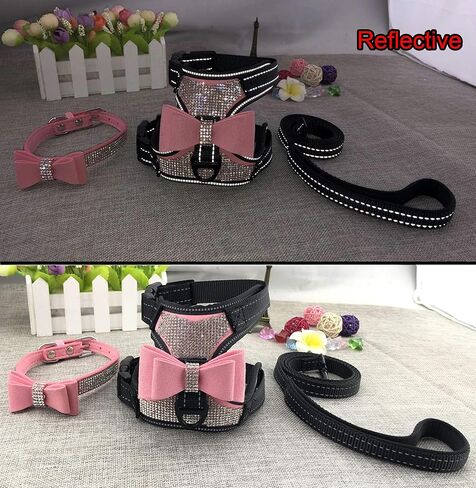 3pcs Bow Ties Bling Cute Dog Harness and Dog Collar with Lead for Dog - Black - S in Saudi Arabia