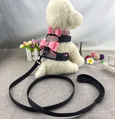 3pcs Bow Ties Bling Cute Dog Harness and Dog Collar with Lead for Dog - Black - S in Saudi Arabia