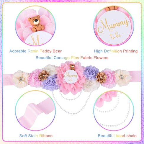 Jspupifip Teddy Bear Maternity Sash & to Be Corsage Pin Set Flower Belly Belt Baby Shower Maternity Photography Gift in Saudi Arabia