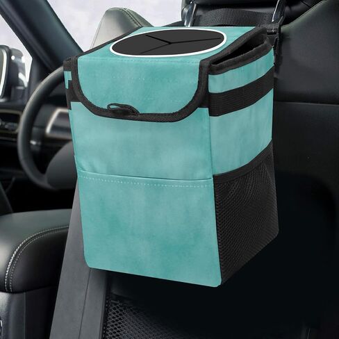 Car Trash Can Retro Mint Green Small Auto Garbage Can Bag with Lid Hanging Collapsible Waterproof Trash Bin Cantainer for SUV Sedan Truck Cute Car Accessories in Saudi Arabia