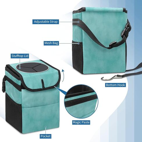 Car Trash Can Retro Mint Green Small Auto Garbage Can Bag with Lid Hanging Collapsible Waterproof Trash Bin Cantainer for SUV Sedan Truck Cute Car Accessories in Saudi Arabia