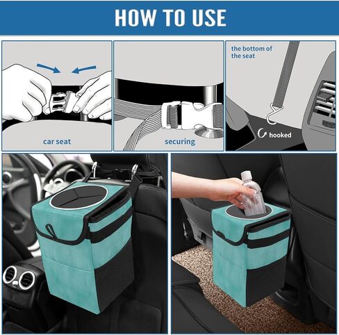 Car Trash Can Retro Mint Green Small Auto Garbage Can Bag with Lid Hanging Collapsible Waterproof Trash Bin Cantainer for SUV Sedan Truck Cute Car Accessories in Saudi Arabia