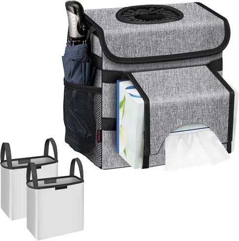 CaseBot Car Trash Can with 2 Removable Leak-Proof Interior Liners, Waterproof Car Garbage Can with Adjustable Tissue Holder and Storage Pockets (Gray) in Kuwait