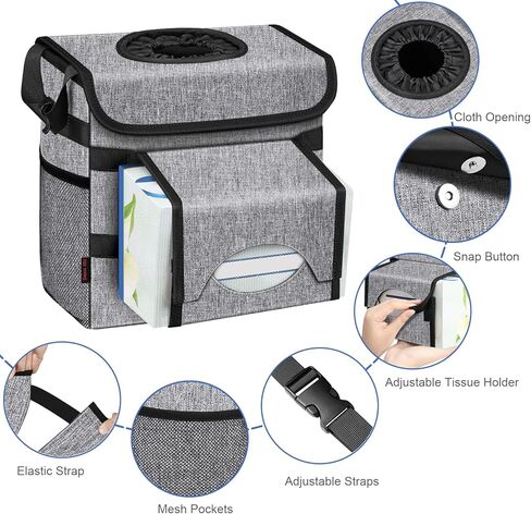 CaseBot Car Trash Can with 2 Removable Leak-Proof Interior Liners, Waterproof Car Garbage Can with Adjustable Tissue Holder and Storage Pockets (Gray) in Kuwait