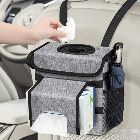 CaseBot Car Trash Can with 2 Removable Leak-Proof Interior Liners, Waterproof Car Garbage Can with Adjustable Tissue Holder and Storage Pockets (Gray) in Kuwait