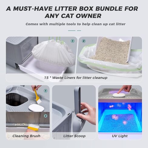 صندوق فضلات القطط مع غطاء، صندوق فضلات مغلق، مدخل أمامي، مخرج علوي، صناديق فضلات ذات درج كبير، جوانب عالية مانعة للتسرب، قابلة للطي في اتجاه واحد، مرحاض القطط يتضمن 15 عبوة من بطانات النفايات in Kuwait