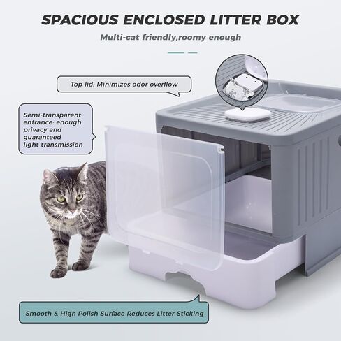 صندوق فضلات القطط مع غطاء، صندوق فضلات مغلق، مدخل أمامي، مخرج علوي، صناديق فضلات ذات درج كبير، جوانب عالية مانعة للتسرب، قابلة للطي في اتجاه واحد، مرحاض القطط يتضمن 15 عبوة من بطانات النفايات in Kuwait