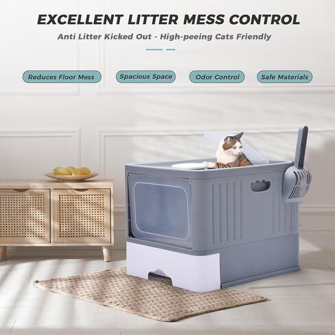 صندوق فضلات القطط مع غطاء، صندوق فضلات مغلق، مدخل أمامي، مخرج علوي، صناديق فضلات ذات درج كبير، جوانب عالية مانعة للتسرب، قابلة للطي في اتجاه واحد، مرحاض القطط يتضمن 15 عبوة من بطانات النفايات in Kuwait