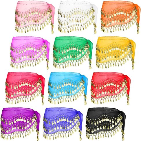 12 Pieces Belly Dance Hip Scarf Belly Dance Skirt with 108 Gold Coins Belly Hip Scarf Waist Chain Coin Sash Chiffon Dangling Bling Belly Dance Wrap Belt with Gold Coins 12 Assorted Colors in Saudi Arabia
