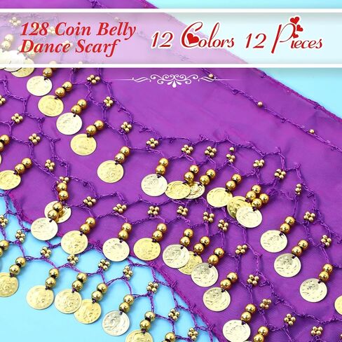 12 Pieces Belly Dance Hip Scarf Belly Dance Skirt with 108 Gold Coins Belly Hip Scarf Waist Chain Coin Sash Chiffon Dangling Bling Belly Dance Wrap Belt with Gold Coins 12 Assorted Colors in Saudi Arabia