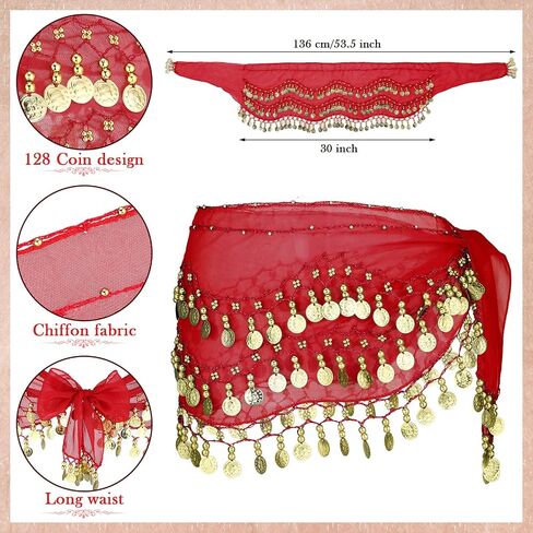 12 Pieces Belly Dance Hip Scarf Belly Dance Skirt with 108 Gold Coins Belly Hip Scarf Waist Chain Coin Sash Chiffon Dangling Bling Belly Dance Wrap Belt with Gold Coins 12 Assorted Colors in Saudi Arabia