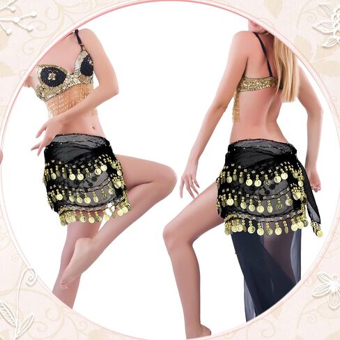12 Pieces Belly Dance Hip Scarf Belly Dance Skirt with 108 Gold Coins Belly Hip Scarf Waist Chain Coin Sash Chiffon Dangling Bling Belly Dance Wrap Belt with Gold Coins 12 Assorted Colors in Saudi Arabia