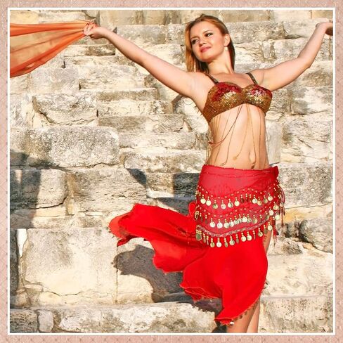 12 Pieces Belly Dance Hip Scarf Belly Dance Skirt with 108 Gold Coins Belly Hip Scarf Waist Chain Coin Sash Chiffon Dangling Bling Belly Dance Wrap Belt with Gold Coins 12 Assorted Colors in Saudi Arabia