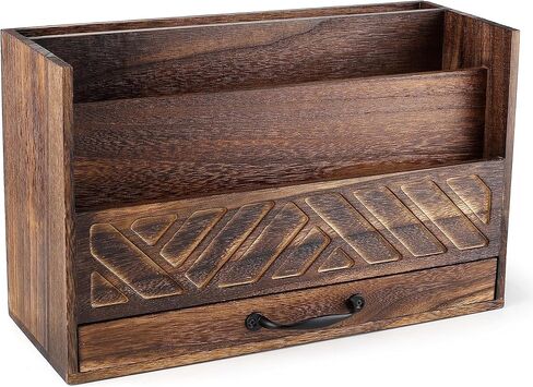Wood Office Desk Organizers and Storage, Wood Mail Bill Organizer with Drawer for Desktop Organization, Desk Accessories & Workspace Organizers, File Paper Holder Desk Sorter for Storage(Rustic Brown) in Kuwait