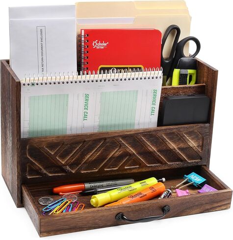 Wood Office Desk Organizers and Storage, Wood Mail Bill Organizer with Drawer for Desktop Organization, Desk Accessories & Workspace Organizers, File Paper Holder Desk Sorter for Storage(Rustic Brown) in Kuwait