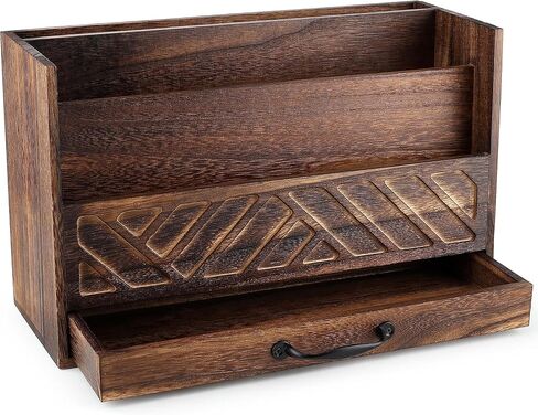 Wood Office Desk Organizers and Storage, Wood Mail Bill Organizer with Drawer for Desktop Organization, Desk Accessories & Workspace Organizers, File Paper Holder Desk Sorter for Storage(Rustic Brown) in Kuwait