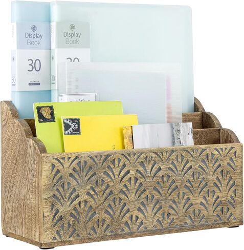MyGift 3 Tier Contemporary Rustic Solid Mango Wood Desktop Storage Organizer with Hand Carved Palm Pattern, Office Desk Mail Sorter Magazine Holder - Handcrafted in India in Saudi Arabia
