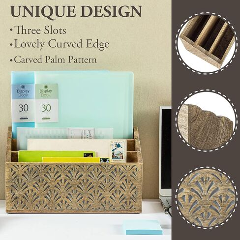 MyGift 3 Tier Contemporary Rustic Solid Mango Wood Desktop Storage Organizer with Hand Carved Palm Pattern, Office Desk Mail Sorter Magazine Holder - Handcrafted in India in Saudi Arabia