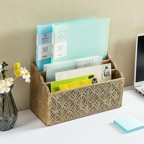 MyGift 3 Tier Contemporary Rustic Solid Mango Wood Desktop Storage Organizer with Hand Carved Palm Pattern, Office Desk Mail Sorter Magazine Holder - Handcrafted in India in Saudi Arabia