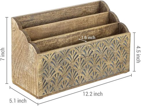 MyGift 3 Tier Contemporary Rustic Solid Mango Wood Desktop Storage Organizer with Hand Carved Palm Pattern, Office Desk Mail Sorter Magazine Holder - Handcrafted in India in Saudi Arabia