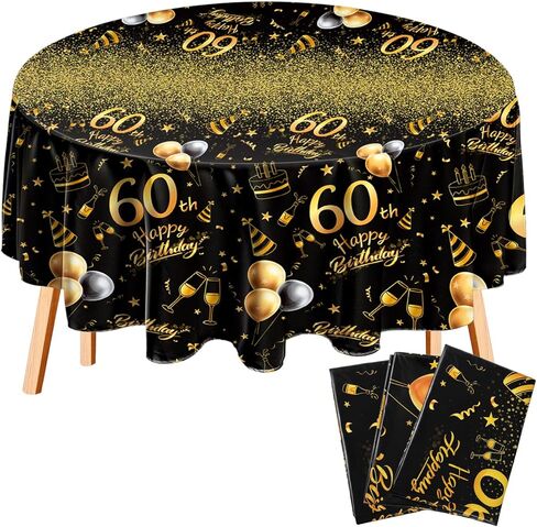 Oudain 3 Pack 60th Round Birthday Tablecloth Black and Gold Happy Birthday Party Decorations 84 inch Disposable Plastic Table Cover Anniversary Party Supplies for Men Women in Saudi Arabia