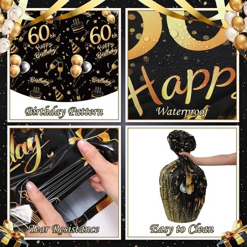 Oudain 3 Pack 60th Round Birthday Tablecloth Black and Gold Happy Birthday Party Decorations 84 inch Disposable Plastic Table Cover Anniversary Party Supplies for Men Women in Saudi Arabia
