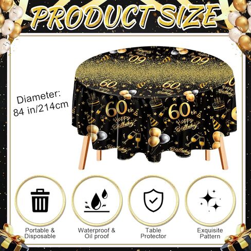 Oudain 3 Pack 60th Round Birthday Tablecloth Black and Gold Happy Birthday Party Decorations 84 inch Disposable Plastic Table Cover Anniversary Party Supplies for Men Women in Saudi Arabia