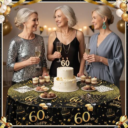 Oudain 3 Pack 60th Round Birthday Tablecloth Black and Gold Happy Birthday Party Decorations 84 inch Disposable Plastic Table Cover Anniversary Party Supplies for Men Women in Saudi Arabia