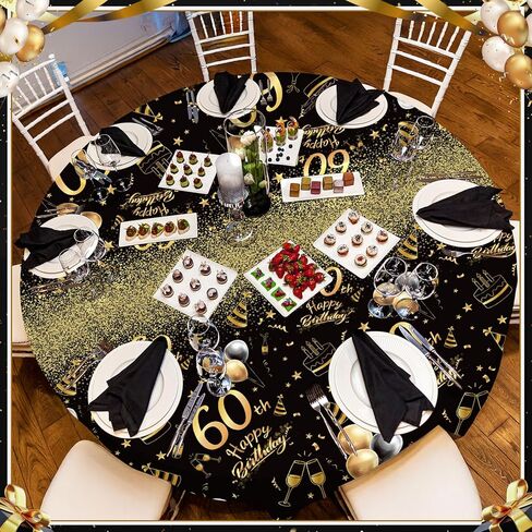 Oudain 3 Pack 60th Round Birthday Tablecloth Black and Gold Happy Birthday Party Decorations 84 inch Disposable Plastic Table Cover Anniversary Party Supplies for Men Women in Saudi Arabia