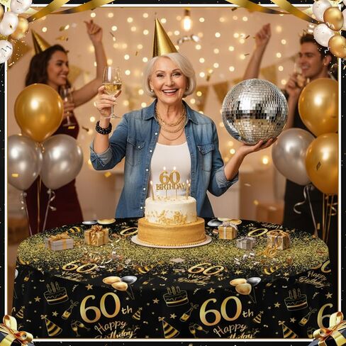 Oudain 3 Pack 60th Round Birthday Tablecloth Black and Gold Happy Birthday Party Decorations 84 inch Disposable Plastic Table Cover Anniversary Party Supplies for Men Women in Saudi Arabia