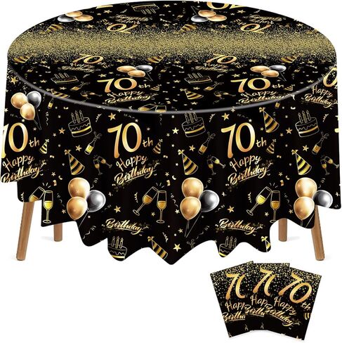 Oudain 3 Pack 60th Round Birthday Tablecloth Black and Gold Happy Birthday Party Decorations 84 inch Disposable Plastic Table Cover Anniversary Party Supplies for Men Women in Saudi Arabia