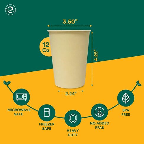 أكواب ساخنة 100% قابلة للتحلل من ECO SOUL (خالية من PFAS) سعة 12 أونصة | (50 قطعة، 12 أونصة من الأكواب الساخنة) | أكواب ورقية من قصب السكر القابل للتصرف | أكواب صديقة للبيئة | قوي وآمن للاستخدام في الميكروويف والفرن in Kuwait