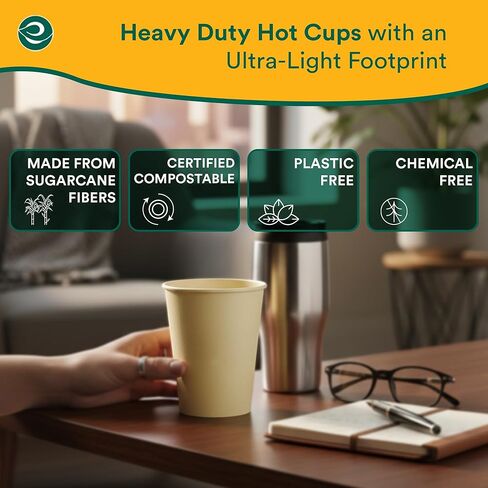 أكواب ساخنة 100% قابلة للتحلل من ECO SOUL (خالية من PFAS) سعة 12 أونصة | (50 قطعة، 12 أونصة من الأكواب الساخنة) | أكواب ورقية من قصب السكر القابل للتصرف | أكواب صديقة للبيئة | قوي وآمن للاستخدام في الميكروويف والفرن in Kuwait