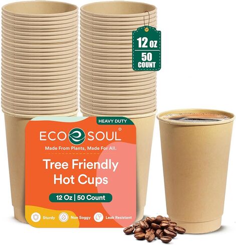 أكواب ساخنة 100% قابلة للتحلل من ECO SOUL (خالية من PFAS) سعة 12 أونصة | (50 قطعة، 12 أونصة من الأكواب الساخنة) | أكواب ورقية من قصب السكر القابل للتصرف | أكواب صديقة للبيئة | قوي وآمن للاستخدام في الميكروويف والفرن in Kuwait