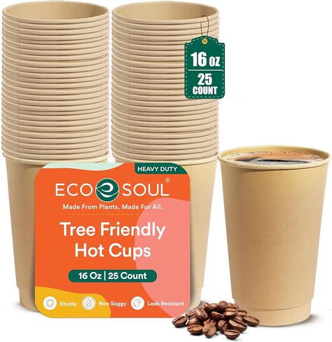 أكواب ساخنة 100% قابلة للتحلل من ECO SOUL (خالية من PFAS) سعة 12 أونصة | (50 قطعة، 12 أونصة من الأكواب الساخنة) | أكواب ورقية من قصب السكر القابل للتصرف | أكواب صديقة للبيئة | قوي وآمن للاستخدام في الميكروويف والفرن in Saudi Arabia