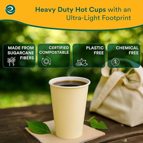 أكواب ساخنة 100% قابلة للتحلل من ECO SOUL (خالية من PFAS) سعة 12 أونصة | (50 قطعة، 12 أونصة من الأكواب الساخنة) | أكواب ورقية من قصب السكر القابل للتصرف | أكواب صديقة للبيئة | قوي وآمن للاستخدام في الميكروويف والفرن in Saudi Arabia