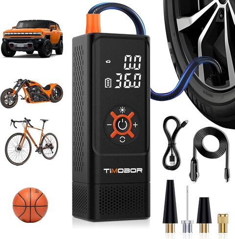 Tire Inflator Portable Air Compressor for Car/SUV, Timobor 60s Air Pump For Car Tires with Frosted Digital Tire Pressure Gauge, 150PSI Air Pump for Ball, E-Bicycle, Motorcycle, Car, etc(Orange) in Saudi Arabia