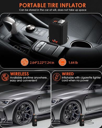 Tire Inflator Portable Air Compressor for Car/SUV, Timobor 60s Air Pump For Car Tires with Frosted Digital Tire Pressure Gauge, 150PSI Air Pump for Ball, E-Bicycle, Motorcycle, Car, etc(Orange) in Saudi Arabia