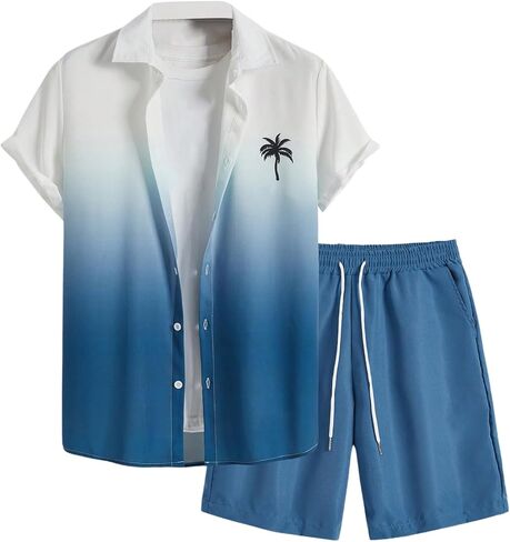 Floerns Men's Two Piece Outfit Printed Shirt Top and Drawstring Waist Shorts Set in Saudi Arabia
