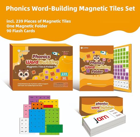 Phonics Word Building Magnetic Tiles Set, Phonics Manipulatives, Magnetic Letter Tiles, Educational Learning Kit with 239 Foam Tiles, 90 Cards, Magnetic Folder in Saudi Arabia