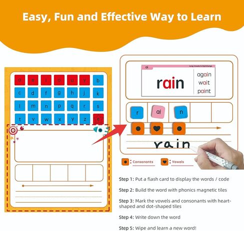 Phonics Word Building Magnetic Tiles Set, Phonics Manipulatives, Magnetic Letter Tiles, Educational Learning Kit with 239 Foam Tiles, 90 Cards, Magnetic Folder in Saudi Arabia