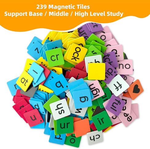 Phonics Word Building Magnetic Tiles Set, Phonics Manipulatives, Magnetic Letter Tiles, Educational Learning Kit with 239 Foam Tiles, 90 Cards, Magnetic Folder in Saudi Arabia